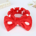 Load image into Gallery viewer, Red bow tie headband. Red and White polka dot fleece hair band.

