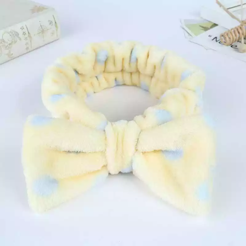 Soft yellow bow tie headband. Yellow and blue polka dot fleece hair band.