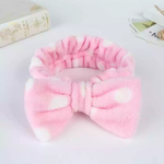 Load image into Gallery viewer, Soft pink and purple bow tie headband. Pink and White polka dot fleece hair band.

